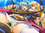  2girls blonde_hair bunshuu enshou eyes_closed game_cg katagiri_hinata koihime_musou multiple_girls saeki_hokuto thighhighs 