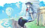  blue_hair bow cloud day food fruit grass hat hinanawi_tenshi leaf long_hair peach red_eyes sitting sky solo touhou yoss_3 