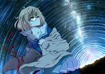  blood brown_eyes brown_hair commentary glasses hemokinesis hews_hack kuriyama_mirai kyoukai_no_kanata pantyhose pleated_skirt red-framed_eyewear school_uniform serafuku short_hair skirt sky solo star_(sky) starry_sky sweater 