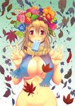  1girl blonde_hair blush breasts brown_eyes cleavage commentary double_v eating flower food fruit highres ice_cream large_breasts leaf leaves naked_scarf original scarf seasons tsuji_santa v 