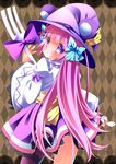  :t argyle argyle_background dumpty_alma emil_chronicle_online fork gradient_hair hair_ribbon hat highres long_hair looking_at_viewer looking_back multicolored_hair no_nose pink_hair pout purple_eyes purple_hair puzzle_&amp;_dragons ribbon solo tears wide_sleeves zefa_(neoaltemice) 