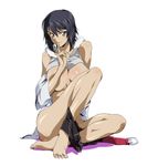  bare_shoulders barefoot belt black_hair breast_press breasts code_geass code_geass:_boukoku_no_akito feet finger_to_mouth full_body highres kousaka_ayano large_breasts looking_at_viewer md5_mismatch no_bra purple_eyes short_hair short_shorts shorts simple_background sitting smile solo toenails toes undressing wankoro_mochi white_background 