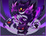  checkered_background claws fang floating gastly gen_1_pokemon gengar ghost giga_shouyou grin haunter mega_gengar mega_pokemon no_humans pokemon pokemon_(creature) red_eyes sharp_teeth smile teeth third_eye yellow_eyes 