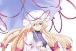  blonde_hair bow dress hair_bow hat hat_ribbon head_tilt highres light_smile long_hair long_sleeves looking_at_viewer mob_cap purple_eyes ribbon simple_background solo tabard touhou umbrella upper_body very_long_hair white_background yakumo_yukari yuegatobu 