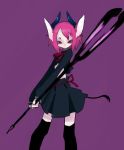  1girl animal_ears black_socks female horns kimura_akiyoshi looking_at_viewer pink_backgroud pink_hair red_eyes simple_background skirt socks solo tail thighhighs upper_body weapon 