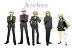  4boys archer atalanta_(fate) bespectacled blonde_hair brown_hair chiron_(fate) crossed_arms dango fate/apocrypha fate/extra fate/stay_night fate/zero fate_(series) food formal gilgamesh glasses green_hair multiple_boys necktie one_eye_closed petite robin_hood_(fate) scarf shimaneko skirt_suit suit wagashi white_hair 