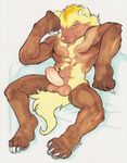  abs anthro balls biceps big_penis brown_eyes brown_fur canine claws erection flexing fur hair kaputotter looking_at_viewer male mammal muscles nipples nude pecs penis pose sitting solo toe toe_claws toes traditional_media watercolor wolf 