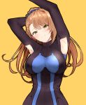  1girl armpit_cutout armpits arms_up asymmetrical_bangs bangs beatrix_(granblue_fantasy) black_bodysuit blush bodysuit breasts brown_eyes brown_hair closed_mouth granblue_fantasy green_eyes highres large_breasts long_hair looking_at_viewer ponytail remora180 scrunchie simple_background smile solo swept_bangs yellow_background 