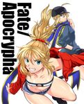  ahoge artoria_pendragon_(all) bandeau baseball_cap blonde_hair braid denim denim_shorts fate/apocrypha fate_(series) green_eyes hat jacket long_hair mgk968 midriff mordred_(fate) mordred_(fate)_(all) mother_and_daughter multiple_girls mysterious_heroine_x ponytail rojiura_satsuki:_chapter_heroine_sanctuary shorts track_jacket 