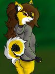  black_fur bottomless breasts brown_hair butt canine clothing dog female fur german_spitz hair invalid_color invalid_tag looking_at_viewer madlaine madlaine_mckraven mammal mckraven nude red_eyes smile sweatshirt white_fur yellow_fur 