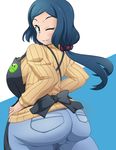  apron aqua_eyes ass blue_background blue_hair breasts denim gundam gundam_build_fighters haro_button_badge huge_ass iori_rinko jeans kani_club large_breasts light_smile long_hair looking_at_viewer looking_back mature one_eye_closed pants plump ribbed_sweater solo sweater white_background 