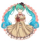  aqua_eyes aqua_hair bad_id bad_pixiv_id belt bow bowtie dress ennui_heiwa_miku green_hair hair_ribbon hat hatsune_miku long_hair looking_at_viewer ribbon solo suta_meteor twintails very_long_hair vocaloid 