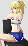  :&lt; akashiro_sen ass back bandeau bare_legs blonde_hair braid chair cutoffs denim denim_shorts dimples_of_venus fate/apocrypha fate/stay_night fate_(series) french_braid from_behind green_eyes long_hair midriff mordred_(fate) mordred_(fate)_(all) ponytail red_scrunchie scrunchie short_shorts shorts sitting sitting_backwards solo spread_legs 