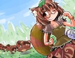  ;) animal_ears bangle bracelet brown_hair dutch_angle futatsuiwa_mamizou glasses gourd jewelry leaf leaf_on_head one_eye_closed raccoon_ears raccoon_tail red_eyes shinapuu smile tail tanuki touhou 