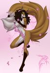  anthro breasts brown_fur brown_hair canine cherry female flower fluffy_tail fox fur green_eyes hair leoian long_tail mammal necklace pink_background plain_background sakura_(leoian) satsukii solo tail_grab tail_hug 