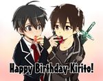  asa_(krt!) black_eyes black_hair collaboration dual_persona feeding fingerless_gloves food fruit gloves happy_birthday kirito male_focus mie_(pome_no_ki) multiple_boys necktie school_uniform strawberry suggestive_fluid sword sword_art_online weapon 