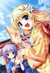  :3 :d absurdres bekkankou blonde_hair blue_eyes brown_eyes cloud copyright_name daitoshokan_no_hitsujikai day english floral_print flower hagoita hair_flower hair_ornament hairband highres ios_wallpaper japanese_clothes kimono lavender_hair light_rays misono_senri multiple_girls new_year open_mouth paddle sky smile sunbeam sunlight suzuki_kana torii 