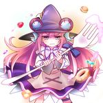  blue_eyes bow candy coco3186 doughnut dumpty_alma emil_chronicle_online food fork hat long_hair purple_hair puzzle_&amp;_dragons skirt solo wavy_mouth witch_hat 