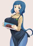  :d apron aqua_eyes badge blue_eyes blue_hair box breasts button_badge denim gundam gundam_build_fighters hai_ookami haro_button_badge highres holding iori_rinko jeans large_breasts long_hair looking_at_viewer mature open_mouth pants pink_background ponytail ribbed_sweater simple_background smile solo sweater very_long_hair 