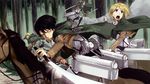  3boys auruo_bossard biting_tongue black_hair blonde_hair blood boots cape cropped_jacket emblem erd_gin highres horse knee_boots levi_(shingeki_no_kyojin) multiple_boys nagashii_kouhei official_art paradis_military_uniform petra_ral riding shingeki_no_kyojin short_hair survey_corps_(emblem) three-dimensional_maneuver_gear uniform 