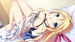  1girl bed blonde_hair bra game_cg indoors kikuchi_seiji long_hair material_brave ougi_kanae panties solo underwear 