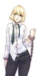  blonde_hair burai_sachiko chain collar cuffs handcuffs monorus necktie pants shirt short_hair solo tokyo_girls_destruction undone_necktie 