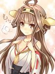  bare_shoulders breasts brown_eyes brown_hair cleavage detached_sleeves double_bun hairband japanese_clothes kantai_collection kongou_(kantai_collection) long_hair long_sleeves medium_breasts nontraditional_miko solo wide_sleeves yamaneco 
