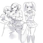  baseball_cap breasts character_request cleavage hair_bun hat lineart mature medium_breasts monochrome multiple_girls naso4 pokemon pokemon:_the_origin red_(pokemon) reina_(pokemon) short_twintails skirt twintails 