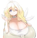 blonde_hair blue_eyes breasts choker cleavage fairy_wings gigantic_breasts heart heart-shaped_pupils long_hair naso4 one_eye_closed original smile solo symbol-shaped_pupils taut_clothes wings 