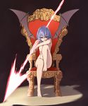  barefoot bat_wings blue_hair censored commentary_request convenient_censoring convenient_leg feet_on_chair kamukamu_(ars) no_nipples nude red_eyes remilia_scarlet short_hair sitting solo spear_the_gungnir throne touhou wings 