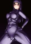  1girl aabitan absurdres bodysuit breasts cameltoe covered_nipples curvy erect_nipples female highres large_breasts legs long_hair looking_at_viewer purple_eyes purple_hair simple_background skin_tight solo standing thighs 