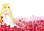  back_bow bishoujo_senshi_sailor_moon blonde_hair blue_eyes bow double_bun dress facial_mark field flower flower_field forehead_mark long_hair princess_serenity red_flower red_rose rose smile solo tachibana_rei_(ginsuna) tsukino_usagi twintails white_background white_dress 