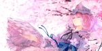  blue_dress cherry_blossoms dress hat kotaro-nosuke long_sleeves petals pink_eyes pink_hair saigyouji_yuyuko sash solo touhou tree triangular_headpiece veil wide_sleeves 