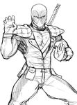  cosplay crossover deadpool drawfag greyscale hokuto_no_ken kenshirou looking_at_viewer male_focus marvel mask monochrome non-web_source parody pose scar simple_background sketch solo sword weapon white_background 