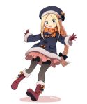  1girl :d abigail_williams_(fate/grand_order) alternate_hairstyle bangs beret black_bow black_hat black_jacket black_legwear blonde_hair blue_eyes blush boots bow braid colored_shadow eyebrows_visible_through_hair fate/grand_order fate_(series) forehead full_body fur-trimmed_boots fur-trimmed_sleeves fur_trim gloves hair_bow hat hat_bow jacket knee_boots long_hair long_sleeves looking_at_viewer marimo_danshaku open_mouth orange_bow pantyhose parted_bangs pink_skirt red_footwear red_gloves shadow sidelocks single_braid skirt smile solo twitter_username very_long_hair white_background 