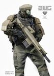  2009 aaron_beck android armor concept_art cyberpunk elysium_(movie) gun highres logo mecha military_operator non-web_source official_art production_art realistic rifle robot science_fiction signature soldier solo trigger_discipline uniform vest weapon 