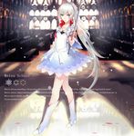  blood blood_on_face blue_eyes boots character_name dress earrings english full_body highres holding holding_sword holding_weapon indoors jewelry kiwamu left-handed long_hair lyrics myrtenaster necklace ponytail rapier rwby skirt snow snowflakes solo sword tiara very_long_hair weapon weiss_schnee white_hair 