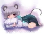  animal_ears bad_id bad_pixiv_id barefoot covering_mouth dress full_body gradient gradient_background grey_hair jewelry long_sleeves looking_at_viewer lying maccha_cocoa_(mococo) mouse_ears mouse_tail nazrin on_stomach pendant pillow pillow_hug purple_background red_eyes short_hair simple_background solo tail touhou 