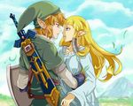  1boy 1girl blonde_hair blue_eyes link lowres nintendo phrygian_cap princess_zelda skyward_sword the_legend_of_zelda 