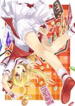  ascot blonde_hair bloomers candy flandre_scarlet food gurasion_(gurasion) hat m&amp;m's open_mouth plaid plaid_background red_eyes short_hair side_ponytail skirt skirt_set smile solo touhou underwear wings wrist_cuffs 