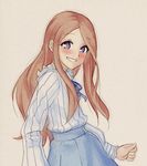  blush brown_background brown_hair clenched_hand cowboy_shot grin long_hair long_sleeves looking_at_viewer mawaru_penguindrum monorus neck_ribbon purple_eyes ribbon shirt skirt smile solo striped striped_shirt takakura_himari traditional_media vertical-striped_shirt vertical_stripes watercolor_(medium) 