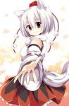  animal_ears bare_shoulders detached_sleeves hat inubashiri_momiji looking_at_viewer maturiuta_sorato outstretched_hand red_eyes short_hair silver_hair smile solo tail tokin_hat touhou wolf_ears wolf_tail 