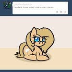  backy blue_eyes cutie_mark equine eyewear female feral friendship_is_magic frown glasses horse looking_at_viewer lying mammal my_little_pony on_stomach original_character pony slavedemorto solo tan_fur tan_hair text tumblr 