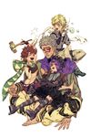  age_regression barefoot battle_tendency blonde_hair brown_hair bubble_pipe caesar_anthonio_zeppeli dima facial_mark fang gothic_lolita hammer highres jojo_no_kimyou_na_bouken joseph_joestar_(young) kars_(jojo) lolita_fashion multiple_boys pantyhose purple_hair scarf striped striped_legwear tattoo wamuu white_hair younger 