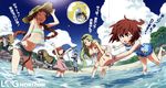  4girls ;d \o/ arms_up ball barefoot beach beach_umbrella beach_volleyball beachball bent_over bikini breasts cleavage covered_nipples crease denim denim_shorts foreshortening frilled_swimsuit frills grin hand_on_head hara_kazuhiro highres isuzu_(log_horizon) large_breasts log_horizon lunderhaus_cord marielle_(log_horizon) minori_(log_horizon) multiple_boys multiple_girls naotsugu_(log_horizon) navel non-web_source novel_illustration nyanta_(log_horizon) official_art one_eye_closed open_mouth outstretched_arms scan serara shorts smile swimsuit touya_(log_horizon) translation_request umbrella wading water 