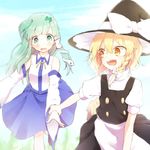  alternate_hair_length alternate_hairstyle apron bad_id bad_pixiv_id blonde_hair blush braid broom broom_riding detached_sleeves frog_hair_ornament green_eyes green_hair hair_ornament hat honotai kirisame_marisa kochiya_sanae long_hair multiple_girls open_mouth ribbon short_hair smile snake_hair_ornament touhou vest witch_hat yellow_eyes 