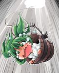 bucket falling freefall green_eyes green_hair hair_bobbles hair_ornament highres in_bucket in_container japanese_clothes kimono kisume open_mouth shinapuu solo tears touhou twintails wavy_mouth wooden_bucket yukata 