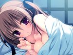  1girl artist_request bed breasts brown_hair character_request cleavage game_cg himeki_ichinose imouto_choukyou_nikki_happy_end_&amp;_another indoors lying nanacan_(company) nanaka_mai purple_eyes ribbon solo source_request 