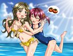  bad_id bad_pixiv_id beach bikini breast_hold breasts brown_eyes brown_hair closed_eyes day food groping highres isshiki_akane long_hair multiple_girls ocean red_hair saegusa_wakaba school_swimsuit short_hair swimsuit tomato twintails vividred_operation vzmk2 water yuri 