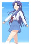  asakura_ryouko blue_eyes blue_hair cloud kita_high_school_uniform long_hair namamo_(kura) school_uniform serafuku sky smile solo suzumiya_haruhi_no_yuuutsu 